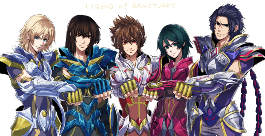 5boys, alternate_hairstyle, andromeda_shun, armor, black_hair, blonde_hair, blue_eyes, blue_hair, clenched_hand, copyright_request, cygnus_hyoga, dragon_shiryu, enmto, green_eyes, green_hair, long_hair, male_focus, mole, mole_under_mouth, multiple_boys, pegasus_seiya, phoenix_ikki, purple_hair, red_eyes, saint_seiya, saint_seiya:_the_legend_of_santuary, scar, short_hair