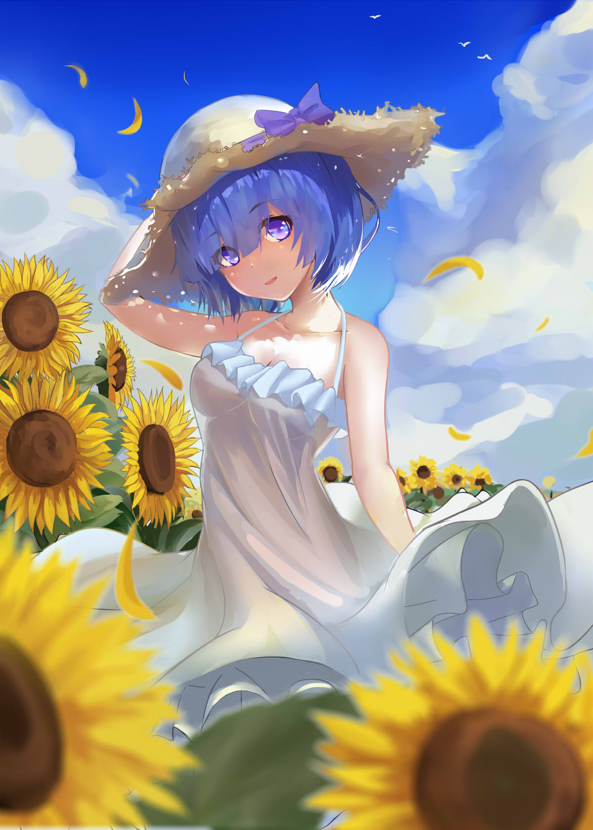 1girl, alternate_costume, arm_up, bangs, bird, blue_eyes, blue_hair, blue_sky
