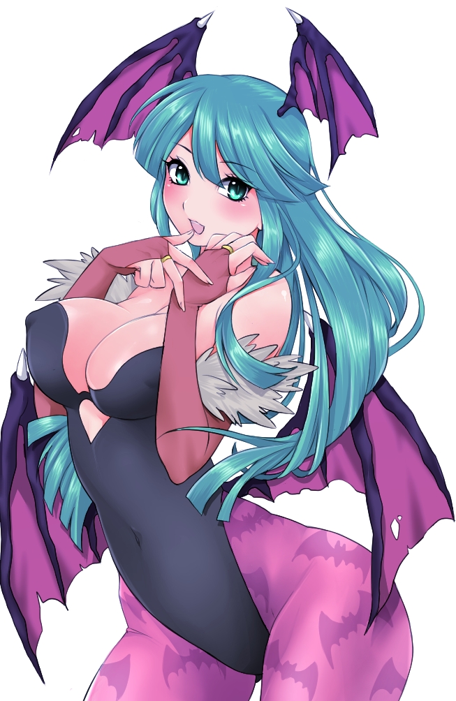 1girl, akiomi_aiko, bare_shoulders, bat_print, bat_wings, blush, breasts, bridal_gauntlets