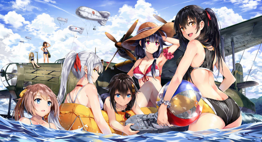 6+girls, ahoge, aircraft, ass, ball, bare_shoulders, barrage_balloon, beachball, bikini, black_bikini, black_hair, blimp, blue_eyes, blue_sky, blush, bracelet, braid, breasts, brown_eyes, brown_hair, clouds, commentary_request, competition_swimsuit, dirigible, female_abyssal_admiral_(kantai_collection), female_admiral_(kantai_collection), front-tie_bikini, front-tie_top, ground_vehicle, h8k, hair_flaps, hair_ornament, hair_over_shoulder, hair_ribbon, hairclip, hat, i-26_(kantai_collection), i-401_(kantai_collection), jewelry, kantai_collection, kazagumo_(kantai_collection), little_girl_admiral_(kantai_collection), long_hair, looking_back, low_twintails, military, military_vehicle, motor_vehicle, multiple_girls, neko_(yanshoujie), one-piece_swimsuit, open_mouth, partially_submerged, ponytail, red_eyes, ribbon, ryuuhou_(kantai_collection), school_swimsuit, shigure_(kantai_collection), short_hair, single_braid, sky, smile, special_type_2_launch_ka-mi, sun_hat, swimsuit, taigei_(kantai_collection), tank, tsurime, twintails, white_bikini