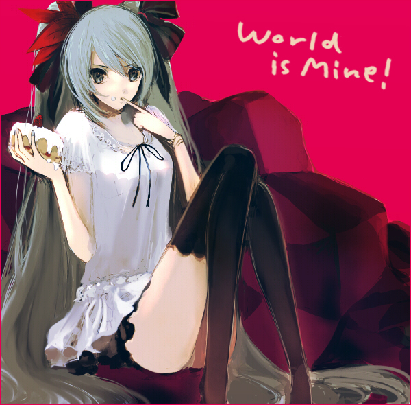 food, frosting, fruit, green_eyes, green_hair, hatsune_miku, icing, long_hair