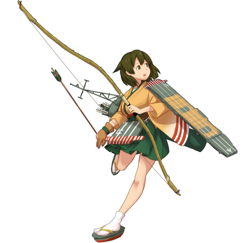 1girl, arrow, bow_(weapon), breasts, brown_hair, flight_deck, full_body, green_hakama