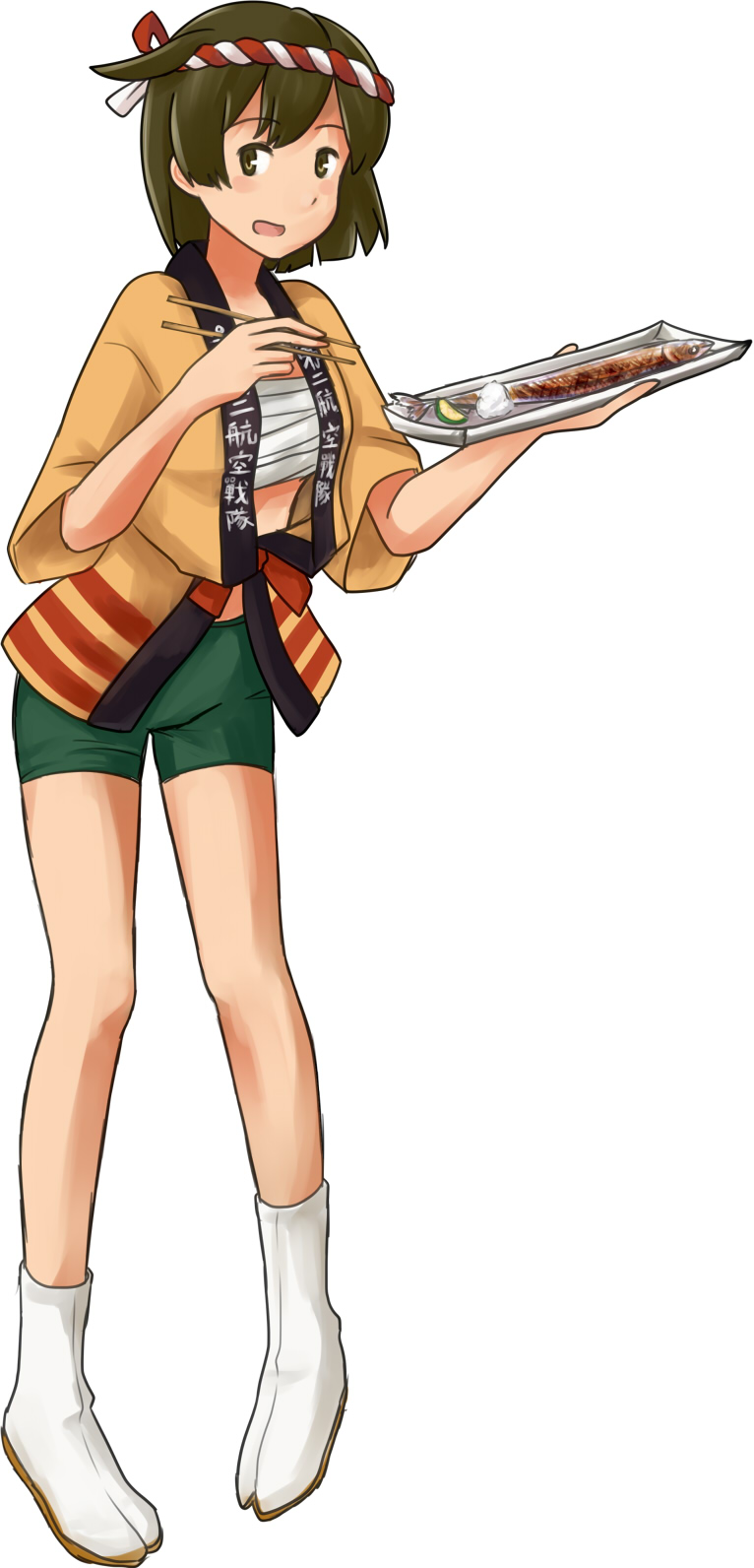 1girl, adapted_costume, alternate_costume, brown_eyes, brown_hair, chopsticks, fish, full_body