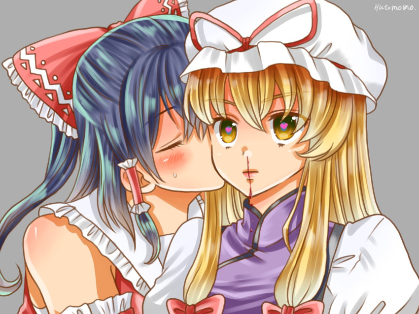 2girls, artist_name, black_hair, blonde_hair, blood, blood_on_face, blush, bow