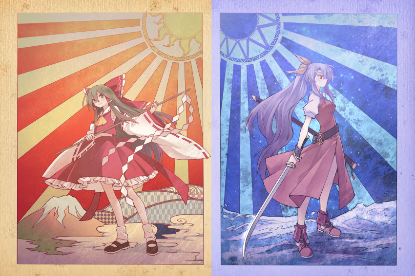 2girls, brown_eyes, brown_hair, detached_sleeves, dress, frills, gohei, hakurei_reimu