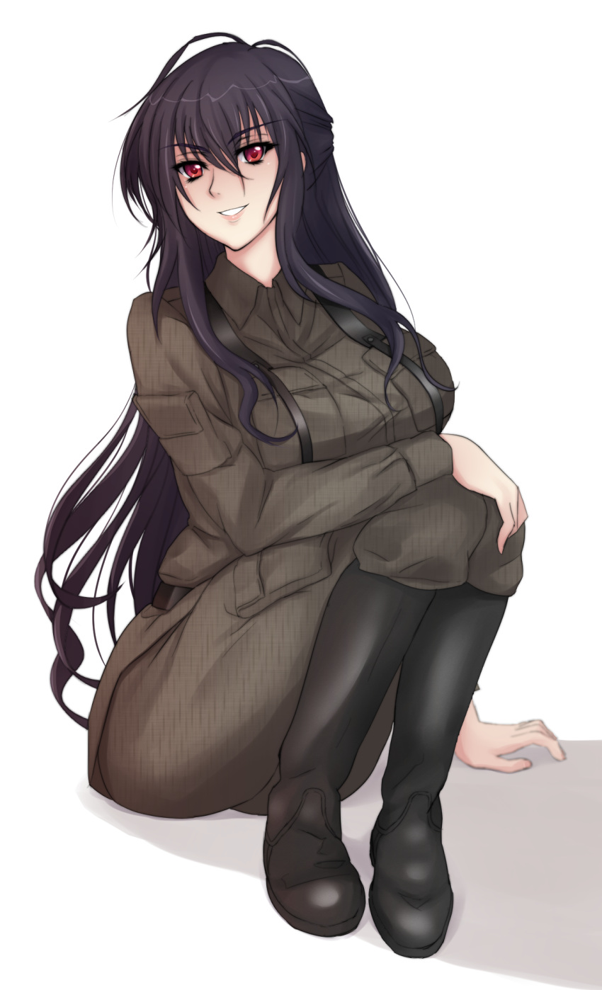 >:d, 1girl, :d, arm_support, beatrix_bremer, belt, black_boots, black_hair
