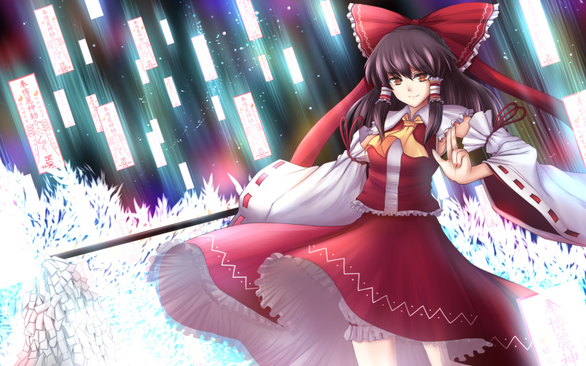 1girl, ascot, bare_shoulders, bloomers, bow, brown_eyes, brown_hair, detached_sleeves, frills, hair_bow, hair_tubes, hakurei_reimu, haraegushi, long_hair, ofuda, skirt, skirt_flip, solo, tama_go, touhou, underwear, wide_sleeves