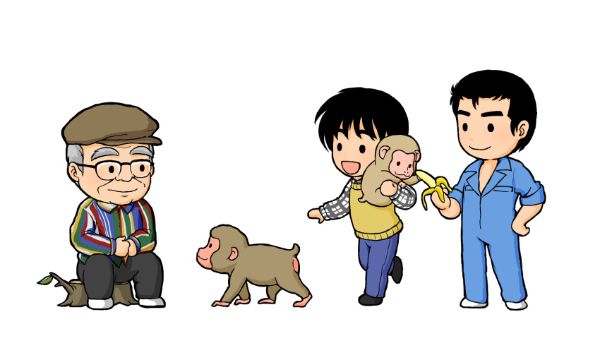 3boys, abe_takakazu, animal, artist_request, banana, chibi, food, fruit