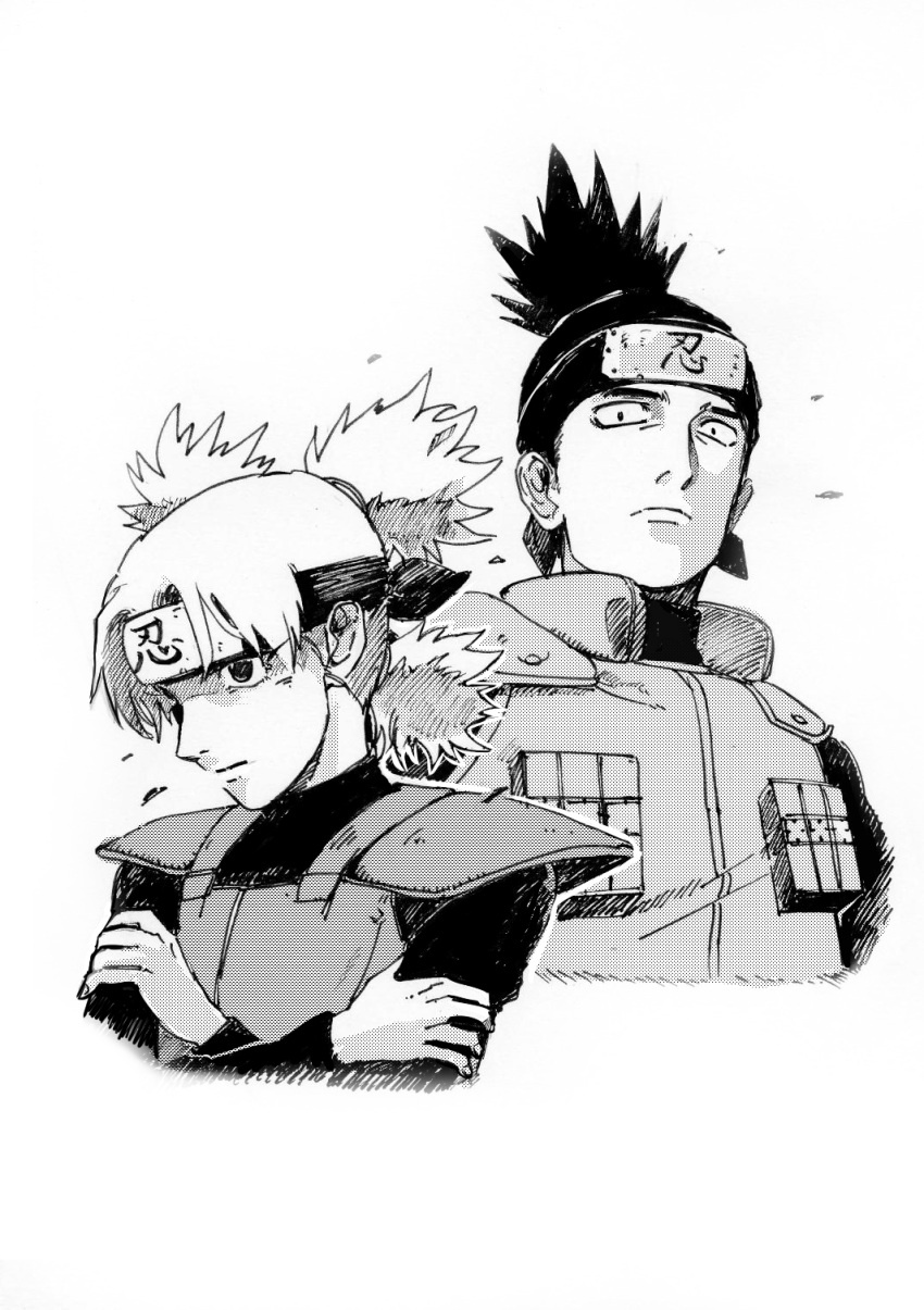 1boy, 1girl, comic, contemporary, forehead_protector, greyscale, highres, long_hair, mamezou_(mamechan182), monochrome, nara_shikamaru, naruto, ponytail, quad_tails, temari