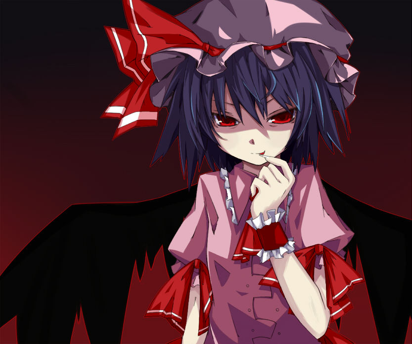 :p, hat, kitsune_(artist), kitsune_(scaz), red_eyes, remilia_scarlet, ribbon, short_hair
