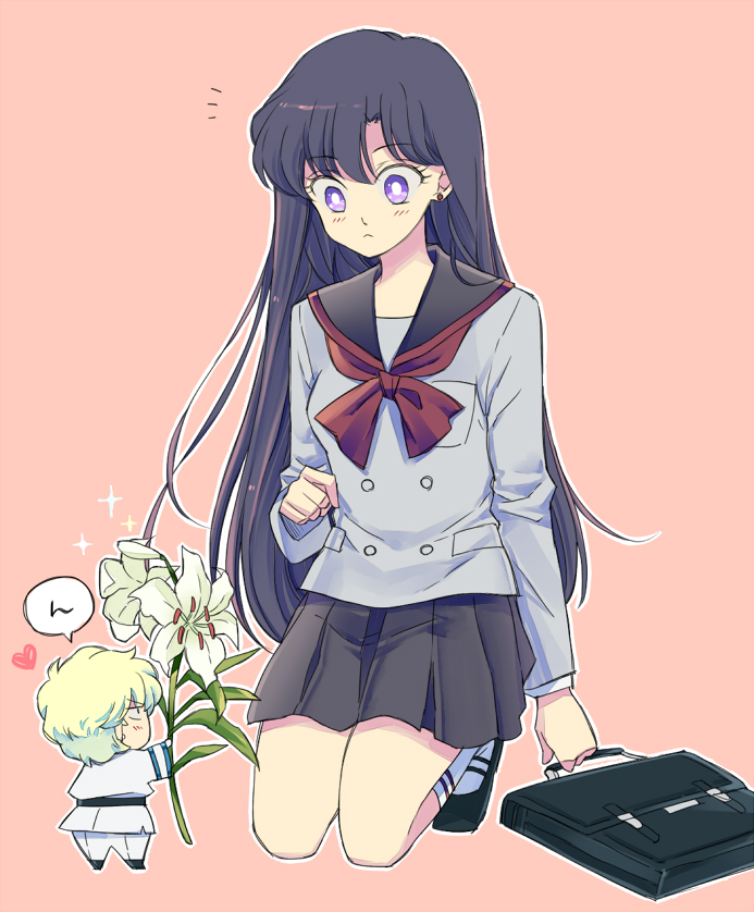 1boy, 1girl, bag, bishoujo_senshi_sailor_moon, black_hair, bookbag, chibi, flower