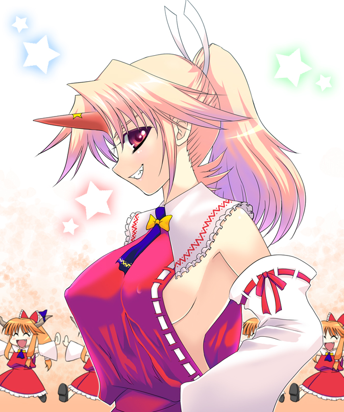alternate_hairstyle, armpits, blonde_hair, breasts, cosplay, detached_sleeves, erect_nipples, grin