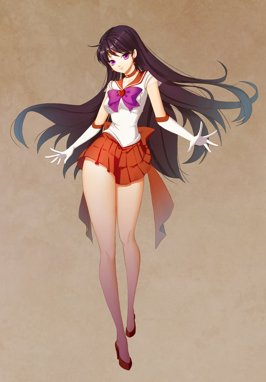 1girl, bare_legs, bishoujo_senshi_sailor_moon, black_hair, choker, circlet, contrapposto, earrings