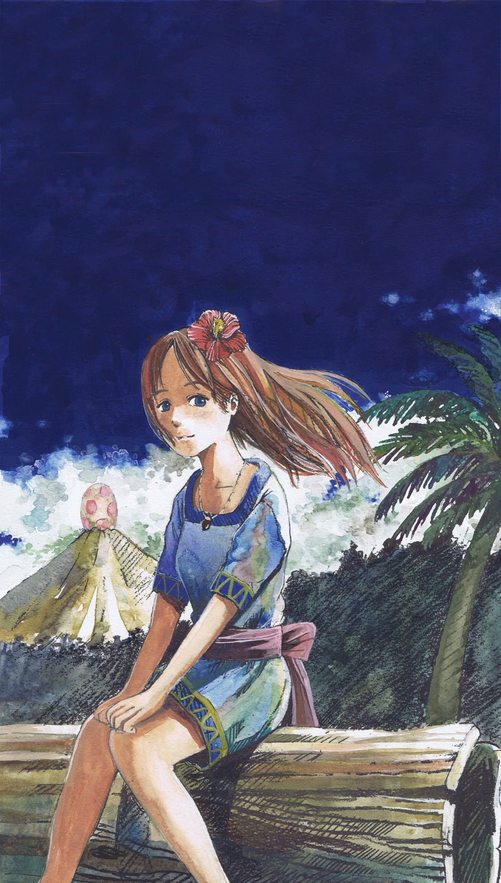 1girl, blue_eyes, blue_sky, brown_hair, clouds, cute, flower, hibiscus, highres, human, jewelry, log, long_hair, looking_at_viewer, marin_(the_legend_of_zelda), mountain, necklace, nintendo, nintendo_ead, palm_tree, rikirosso, sash, sitting, sky, solo, the_legend_of_zelda, the_legend_of_zelda:_link's_awakening, tree, windfish's_egg