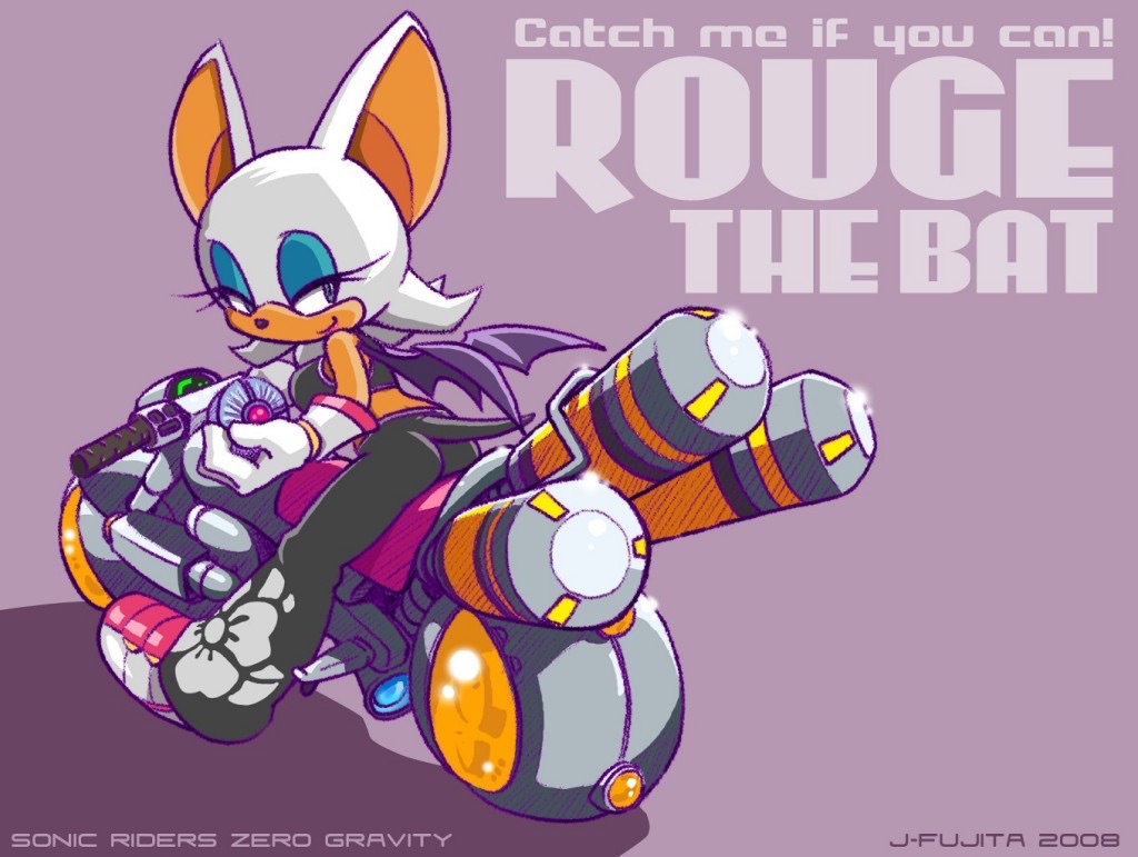 1girl, 2008, artist_name, bat_ears, bat_girl, bat_wings, character_name, copyright_name, dated, floral_print, gloves, ground_vehicle, j-fujita, looking_back, motor_vehicle, motorcycle, purple_background, rouge_the_bat, rouge_the_bat_(riders), sega, smile, solo, sonic_(series), sonic_riders, sonic_riders:_zero_gravity, sonic_riders_(series), tail, wings