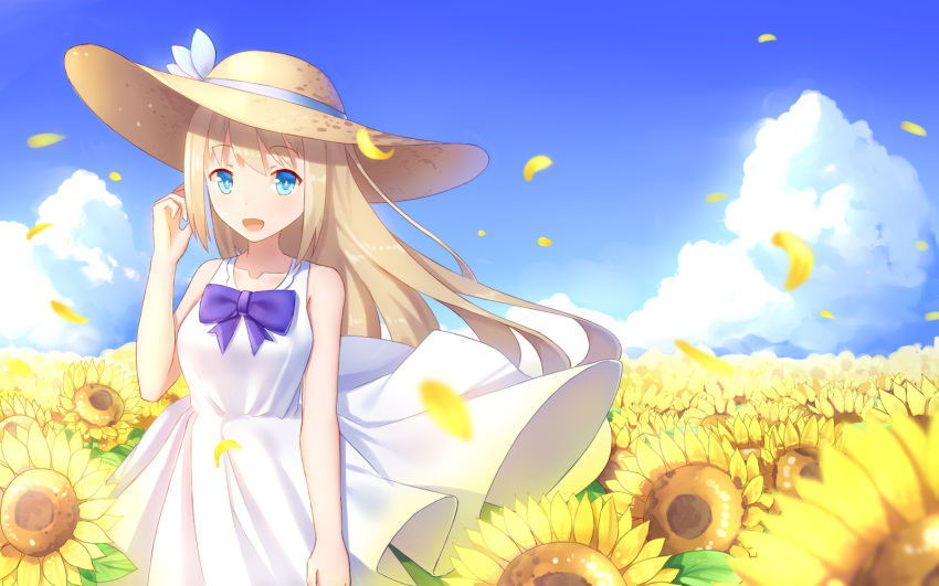 1girl, bare_arms, bare_shoulders, blonde_hair, blue_eyes, bow, bowtie, clouds
