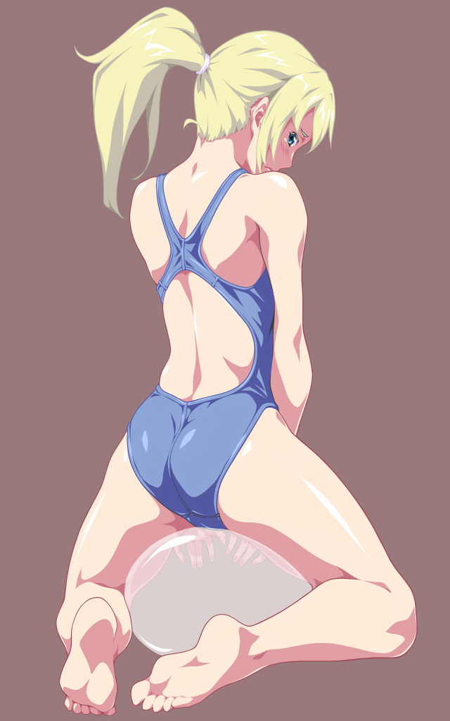 ass, back, bare_shoulders, barefoot, bean_bag, blonde_hair, blush, brown_background