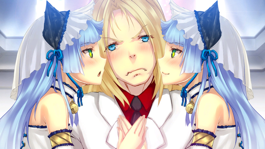 >:(, 1boy, 2girls, animal_ears, ar_nosurge, bell, bell_choker, black_necktie, blonde_hair, blue_eyes, blush, bride, choker, closed_mouth, collared_shirt, frown, game_cg, girl_sandwich, green_eyes, groom, hands_on_another's_chest, hands_together, head_tilt, jingle_bell, long_hair, multiple_girls, necktie, ntny, official_art, open_mouth, profile, red_shirt, sandwiched, sarly_planck, shirotaka_(surge_concerto), shirt, sideways_mouth, smile, surge_concerto, upper_body, veil