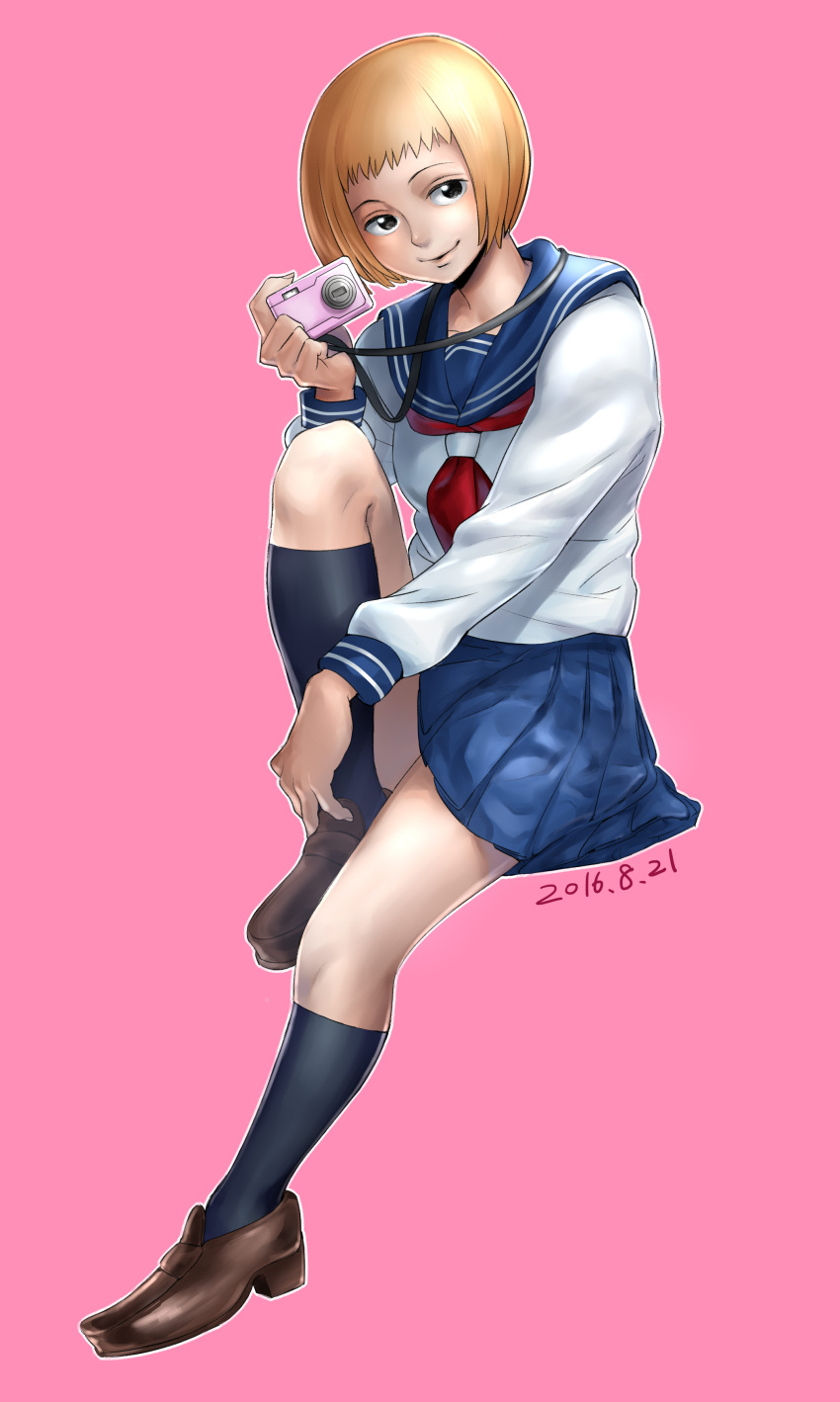 1girl, absurdres, black_eyes, black_legwear, blonde_hair, camera, highres, kneehighs