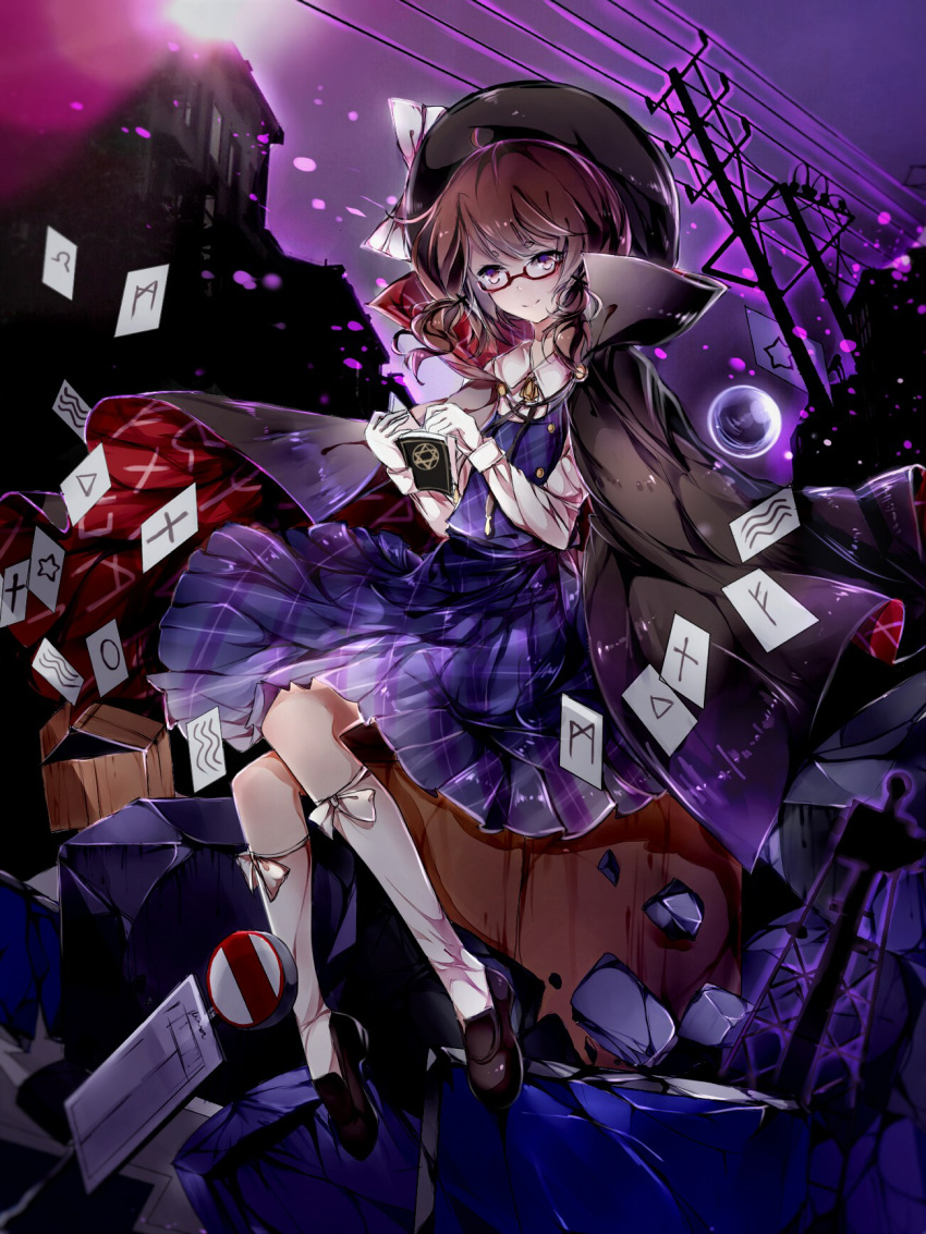 1girl, black_cape, black_hat, black_shoes, blush, book, bow, brown_eyes