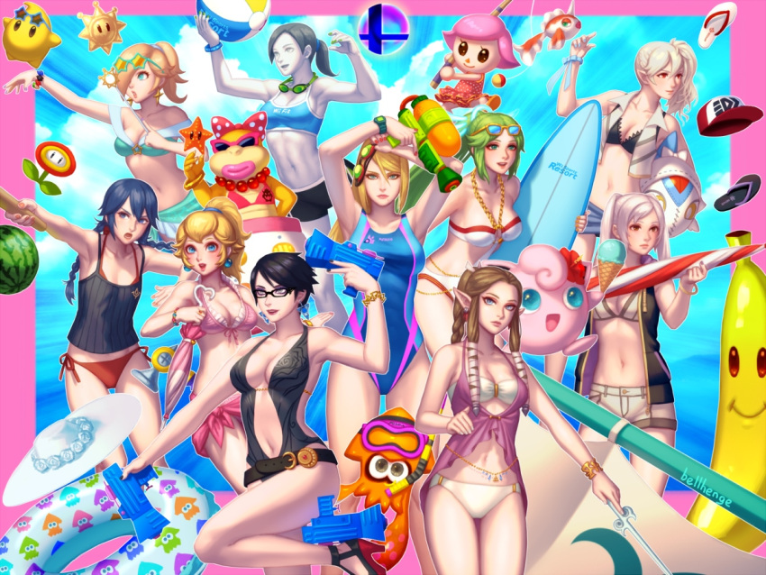 6+girls, abs, alternate_hairstyle, artist_name, ball, banana, bayonetta, bayonetta_(character), bayonetta_2, beach, beachball, bellhenge, belly_chain, bikini, bikini_under_clothes, black_hair, blonde_hair, blue_hair, blush, bow, bracelet, braid, breasts, center_opening, chiko_(mario), cleavage, doubutsu_no_mori, everyone, f.l.u.d.d., female_my_unit_(fire_emblem:_kakusei), female_my_unit_(fire_emblem_if), fire_emblem, fire_emblem:_kakusei, fire_emblem_if, fire_flower, fish, fishing_rod, flower, food, fruit, glasses, goggles, goggles_around_neck, goggles_on_head, goldeen, green_hair, grey_hair, hair_bow, hair_flower, hair_ornament, hat, high_heels, hood, hoodie, ice_cream, ice_cream_cone, inkling, innertube, jewelry, jigglypuff, kid_icarus, kid_icarus_uprising, lilith_(fire_emblem_if), looking_at_viewer, lucina, super_mario_bros., metroid, midriff, multiple_girls, my_unit_(fire_emblem:_kakusei), my_unit_(fire_emblem_if), navel, nintendo, ocean, one-piece_swimsuit, palutena, pink_hair, pointy_ears, pokemon, pokemon_(creature), ponytail, princess_peach, princess_zelda, rosetta_(mario), sail, samus_aran, sandals, sarong, shine_sprite, short_hair, short_shorts, shorts, side_ponytail, sleeveless, sleeveless_hoodie, smash_ball, smile, snorkel, splatoon, sports_bikini, squid, star-shaped_glasses, starfish, stomach, sunglasses, sunglasses_on_head, super_mario_bros., super_mario_galaxy, super_mario_sunshine, super_smash_bros., surfboard, swimsuit, the_legend_of_zelda, the_legend_of_zelda:_twilight_princess, toned, twin_braids, twintails, villager_(doubutsu_no_mori), wand, water_gun, watermelon, wendy_o._koopa, white_skin, wii_fit, wii_fit_trainer