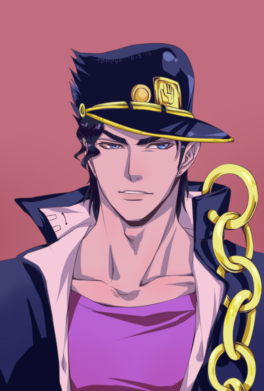 1boy, black_hair, blue_eyes, chain, collarbone, earrings, gakuran, hat