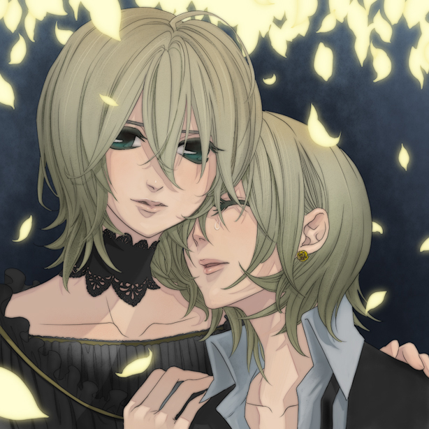 aku_no_musume_(vocaloid), androgynous, bad_id, blonde_hair, chikotsu, close-up, crossdressinging, green_eyes, head_on_shoulder, kagamine_len, kagamine_rin, petals, reverse_trap, short_hair, siblings, tears, trap, twins, vocaloid