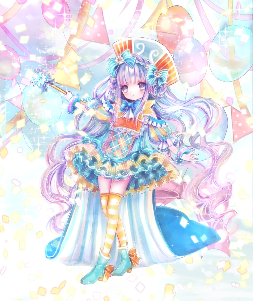 1girl, balloon, bangs, blue_bow, blue_bowtie, blush, boots, bow