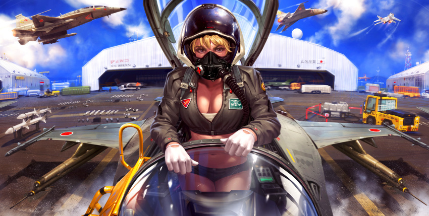 1girl, aircraft, airplane, black_shorts, blonde_hair, blue_eyes, breasts, cleavage