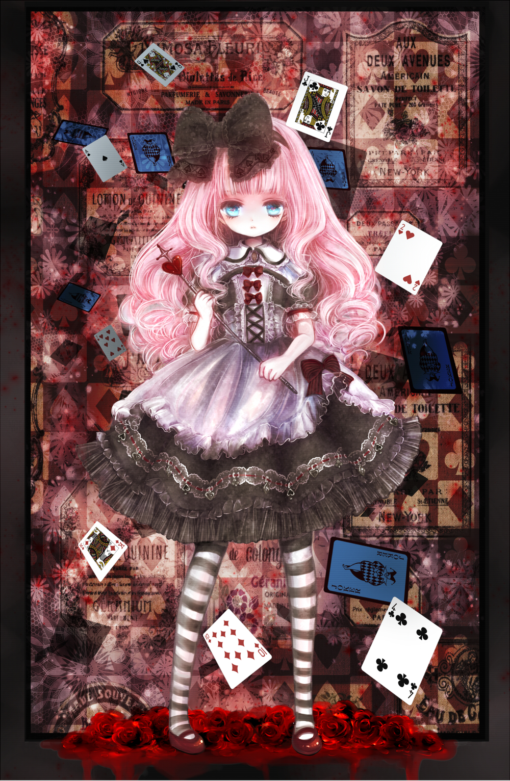 1girl, ace_of_spades, alice_(wonderland), alice_in_wonderland, bangs, black_bow, blue_eyes, blunt_bangs, bow, card, center_frills, commentary_request, cross-laced_clothes, curly_hair, flower, frills, full_body, gothic_lolita, hair_bow, heart, highres, himemurasaki, holding_wand, joker, king_of_diamonds, lolita_fashion, long_hair, looking_at_viewer, mary_janes, original, pantyhose, pink_hair, playing_card, pool_of_blood, puffy_short_sleeves, puffy_sleeves, red_bow, red_rose, red_shoes, ribbon_trim, rose, shoes, short_sleeves, solo, standing, striped, striped_legwear, wand