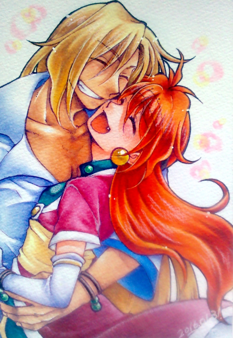 1boy, 1girl, acrylic_paint_(medium), ao_(yashuring), blonde_hair, blurry, bracelet, closed_eyes, collarbone, couple, dated, earrings, elbow_gloves, fang, gloves, gourry_gabriev, grin, happy, hug, jewelry, light_particles, lina_inverse, long_hair, marker_(medium), redhead, signature, slayers, smile, traditional_media, upper_body