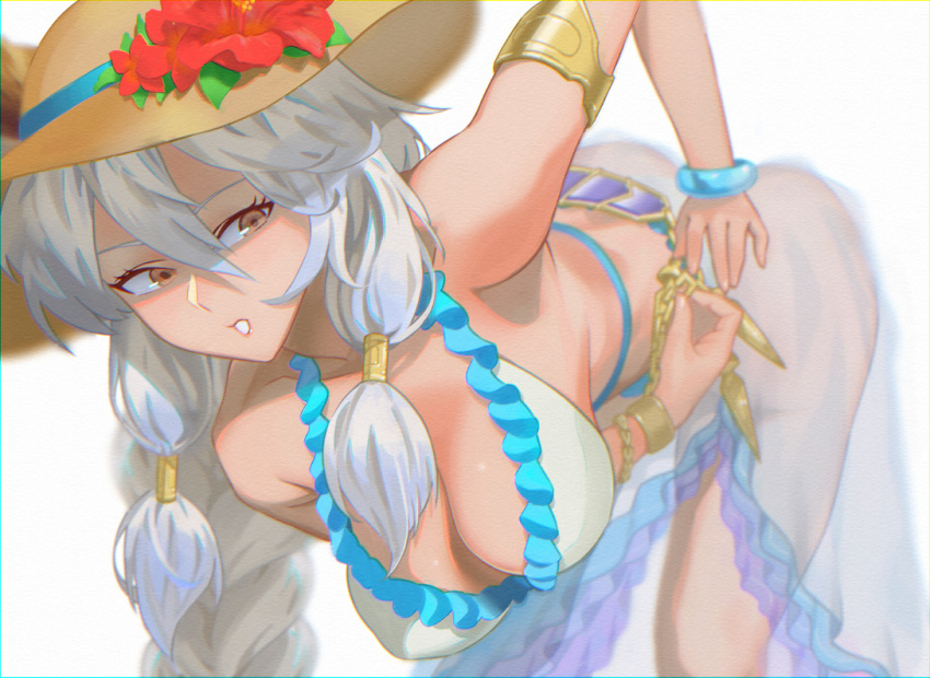 1girl, armlet, ass, bangle, bangs, bare_shoulders, bent_over, blurry, bracelet, bracer, braid, breasts, brown_eyes, chain, chromatic_aberration, cleavage, collarbone, covered_nipples, depth_of_field, erun_(granblue_fantasy), granblue_fantasy, hair_between_eyes, hair_tubes, hanging_breasts, hat, heles, jewelry, long_hair, looking_back, medium_breasts, sarong, see-through, simple_background, single_braid, solo, sun_hat, swimsuit, tsurime, tying, tyoro_(tyoromatsu59), white_background, white_hair, white_swimsuit