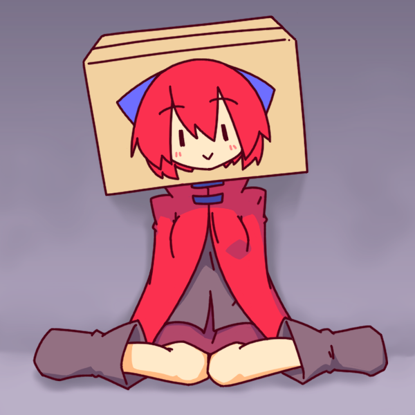 1girl, boots, box, breasts, cape, cardboard_box, commentary_request, kakinoki_mikan_(kari)