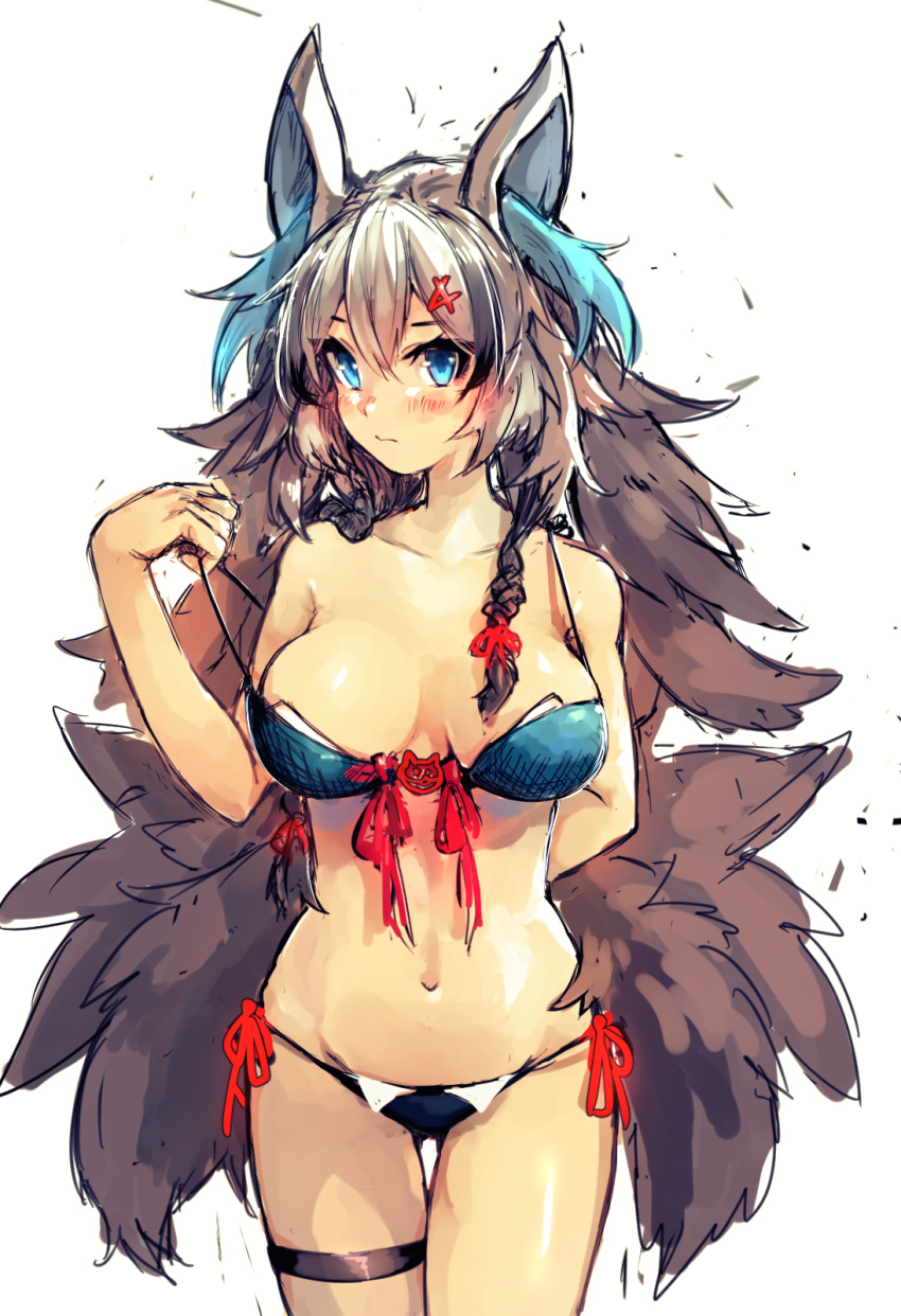 1girl, animal_ears, bangs, bikini, bikini_pull, blue_eyes, blush, braid