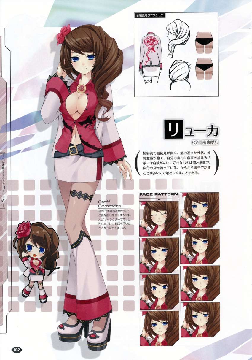 1girl, ^_^, blue_eyes, blush, breasts, brown_hair, character_name, character_sheet
