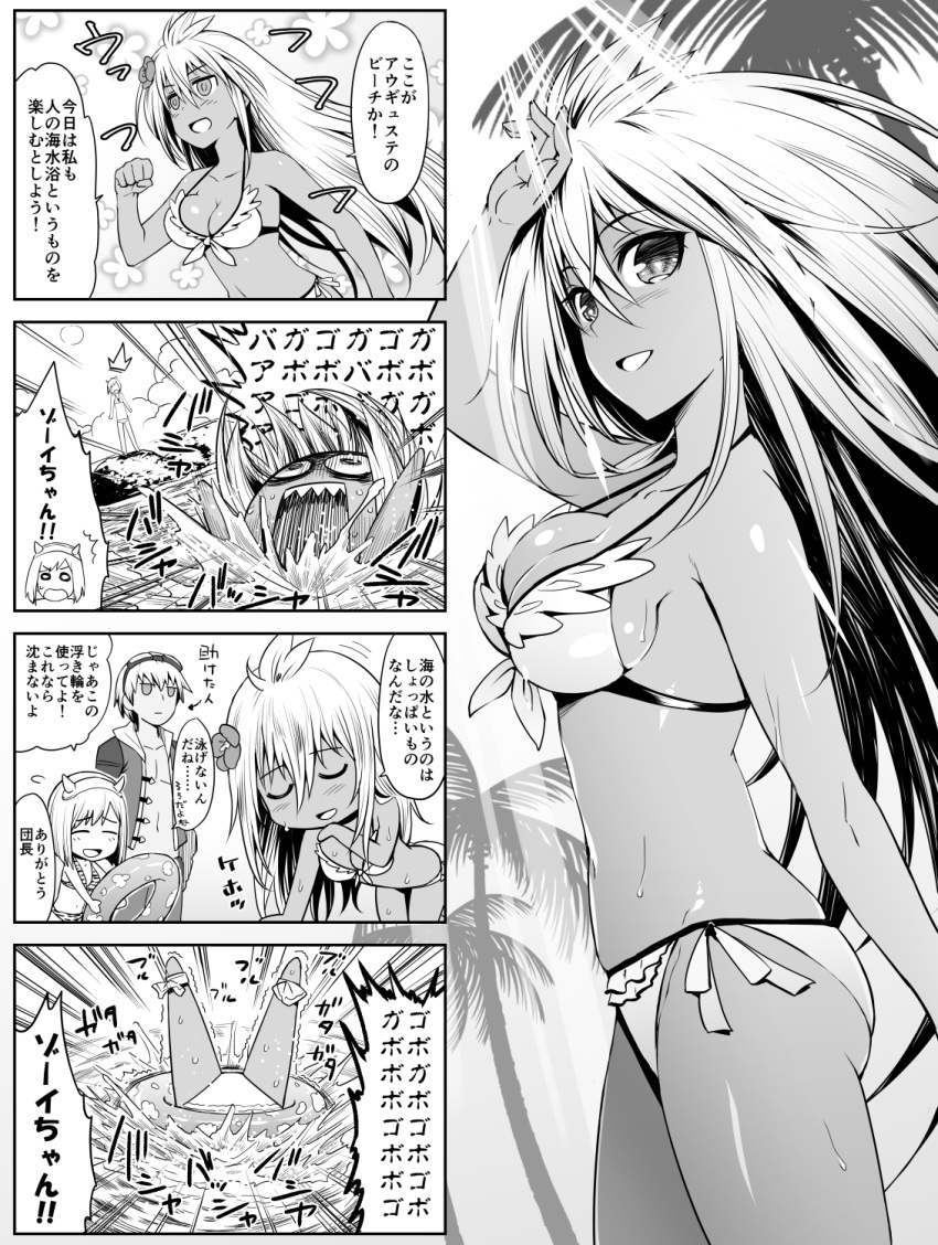1boy, 2girls, alternate_costume, breasts, closed_eyes, comic, commentary_request, dark_skin