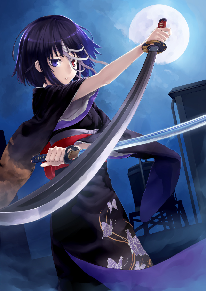 1girl, bandages, black_hair, blue_eyes, dual_wielding, full_moon, heterochromia, highres