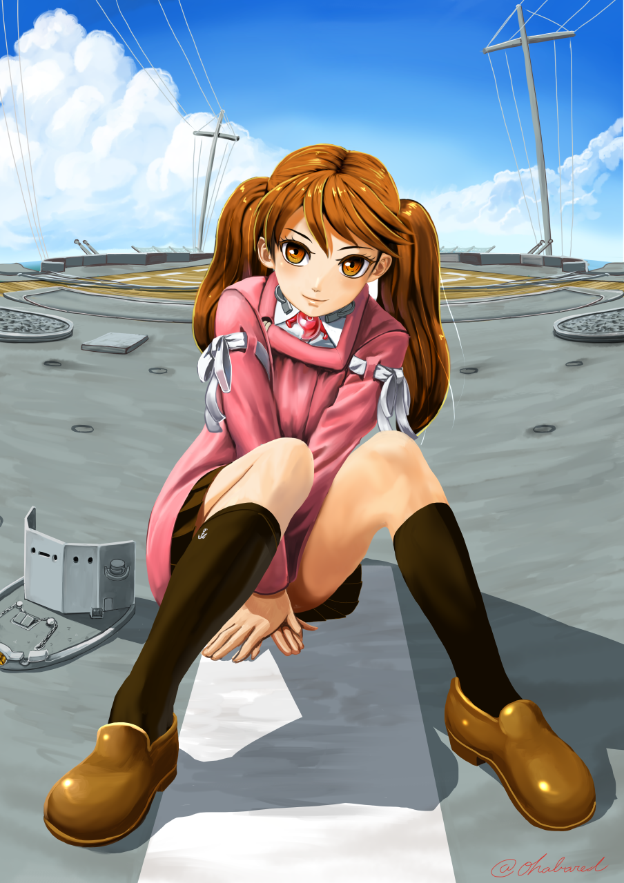 1girl, abazu-red, anchor_symbol, black_legwear, blue_sky, brown_eyes, brown_hair, clouds, cloudy_sky, commentary_request, flight_deck, headwear_removed, highres, japanese_clothes, kantai_collection, kariginu, long_hair, long_sleeves, looking_at_viewer, magatama, military, military_vehicle, pleated_skirt, ryuujou_(aircraft_carrier), ryuujou_(kantai_collection), ship, shoes, sitting, skirt, sky, smile, socks, solo, twintails, visor_cap, warship, watercraft