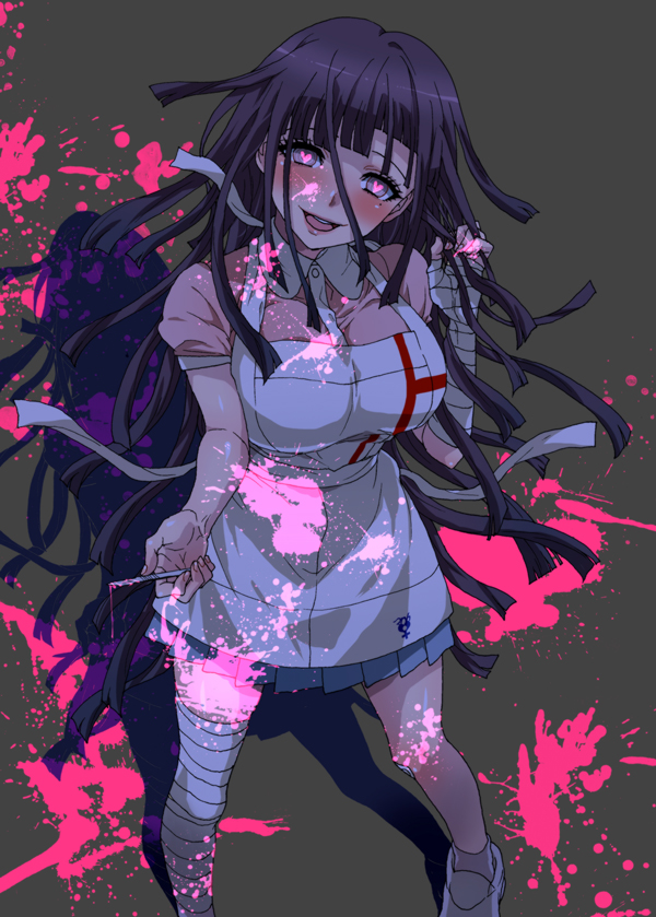 1girl, apron, bandages, blood, breasts, dangan_ronpa, dosugon, heart