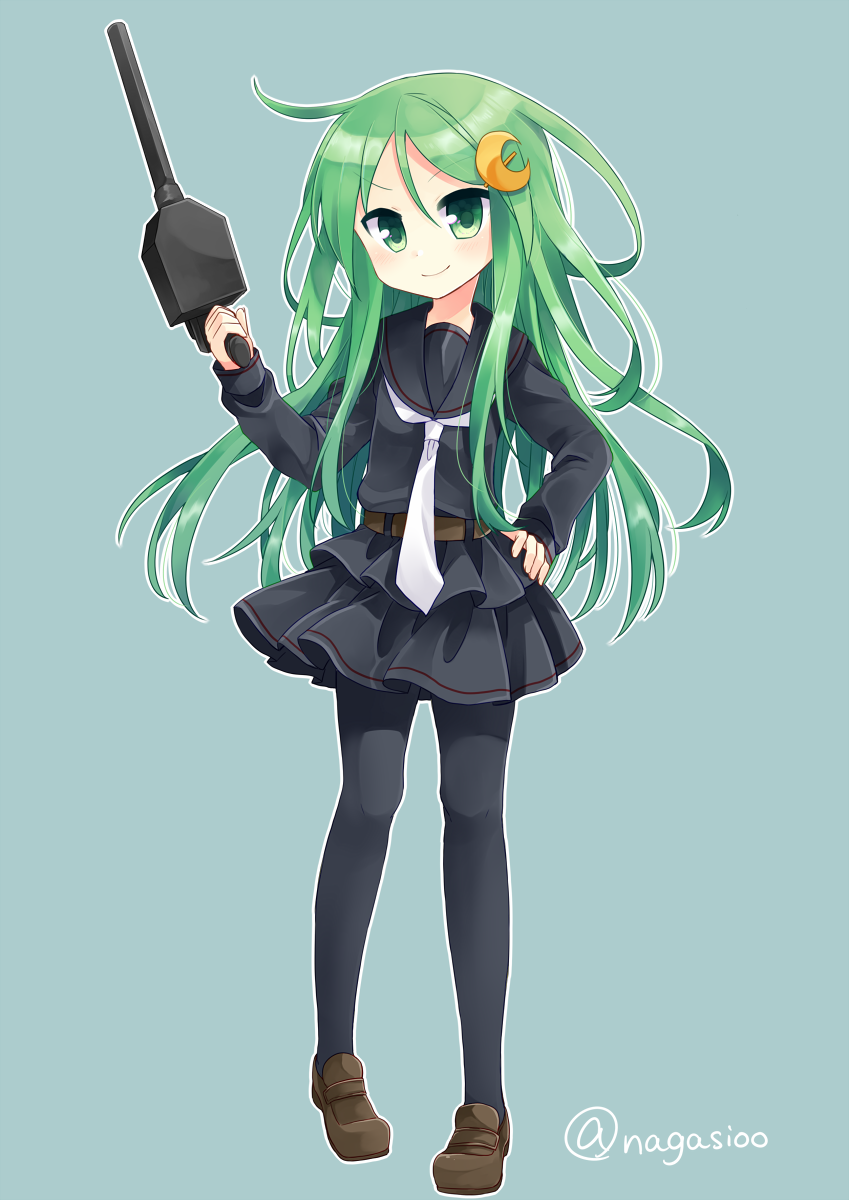 1girl, black_legwear, black_serafuku, blue_background, commentary_request, crescent, crescent_hair_ornament, full_body