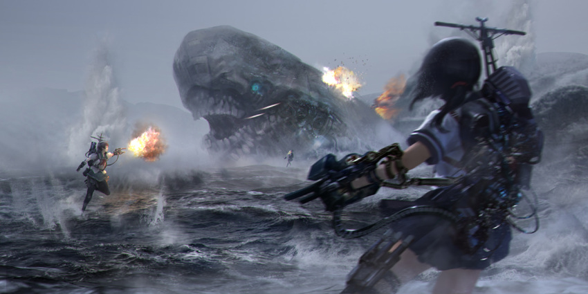3girls, action, alternate_weapon, bacius, battle, blonde_hair, brown_hair, cannon