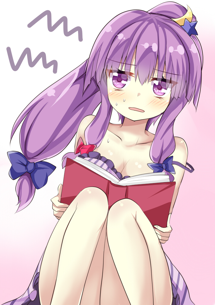 1girl, aki_chimaki, alternate_hairstyle, annoyed, bare_shoulders, blue_bow, blush, book