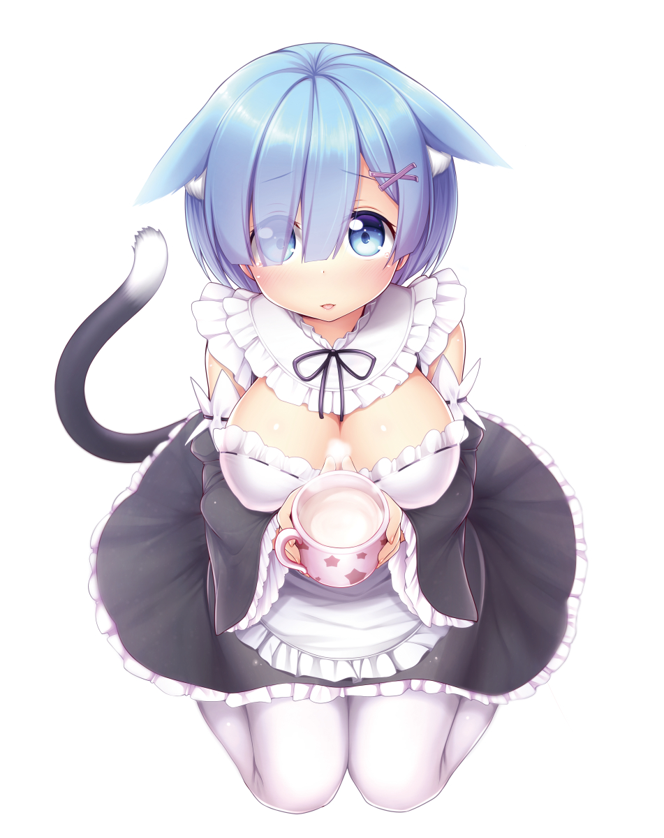 1girl, animal_ears, blue_eyes, blue_hair, breasts, cat_ears, cat_tail, cleavage, cup, detached_sleeves, hair_ornament, hair_over_one_eye, hair_ribbon, highres, large_breasts, looking_at_viewer, maid, maid_headdress, milk, nullken, print_cup, re:zero_kara_hajimeru_isekai_seikatsu, rem_(re:zero), ribbon, short_hair, solo, star, star_print, tail, white_legwear, x_hair_ornament