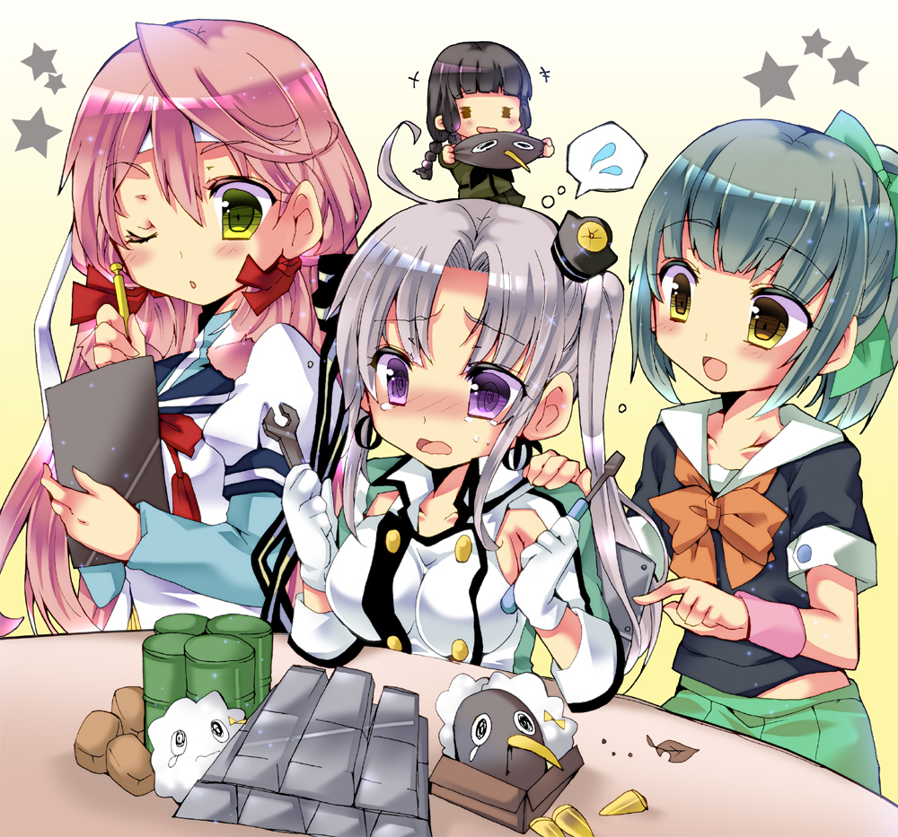 4girls, =_=, ahoge, akashi_(kantai_collection), akitsushima_(kantai_collection), bandana, bangs, bauxite