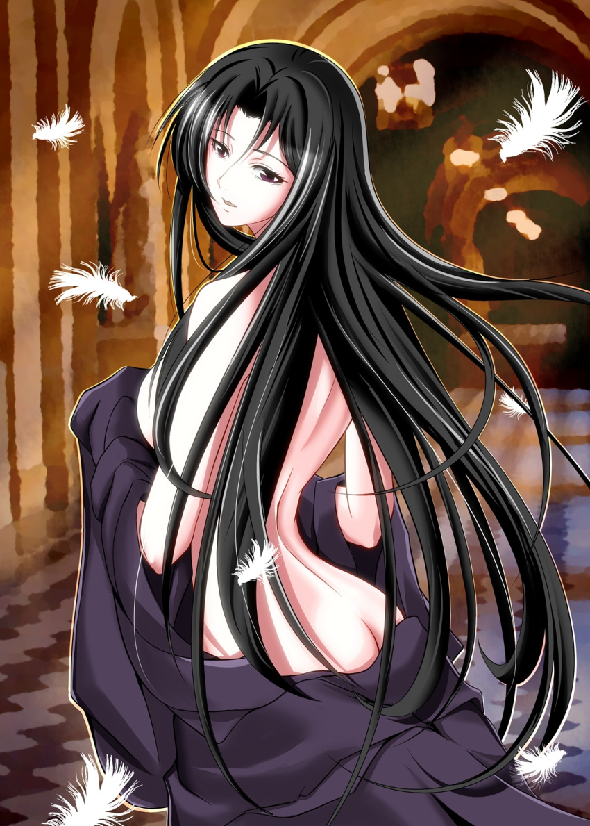 1girl, ass, black_eyes, black_hair, breasts, feathers, from_behind, highres
