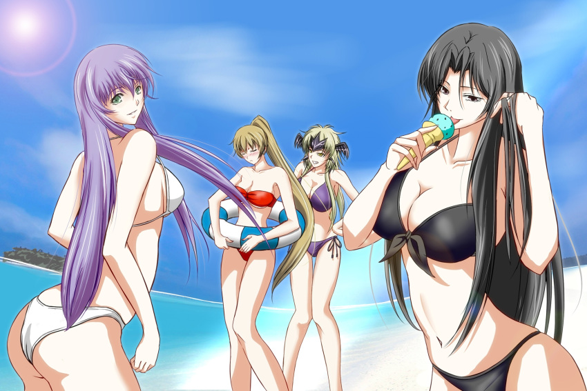 4girls, beach, bikini, black_bikini, black_eyes, black_hair, blonde_hair, breasts