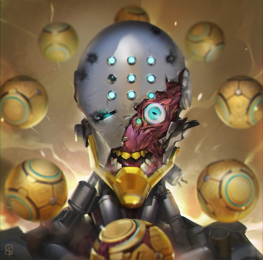 andrea_casartelli, aqua_eyes, berserker_rage, broken_helmet, commentary, crack, cyborg, damaged, eyes, neon_genesis_evangelion, no_humans, omnic, open_mouth, orb, overwatch, parody, signature, solo, teeth, upper_body, zenyatta_(overwatch)