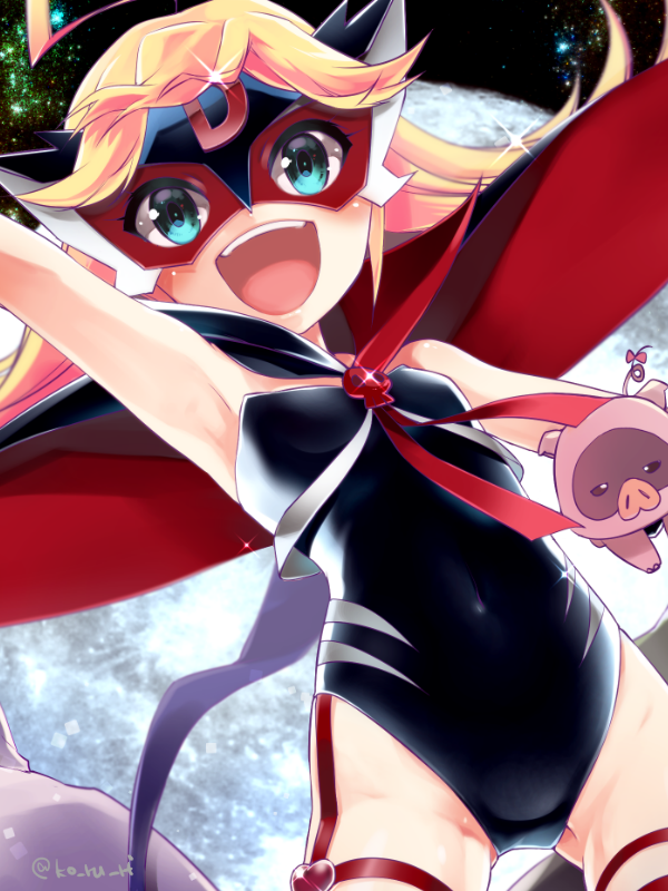 1girl, ahoge, arm_up, armpits, blonde_hair, blue_eyes, cape, doronjo, garter_straps, gloves, ko_ru_ri, leopard_(yatterman), leotard, long_hair, mask, oda-sama_(yatterman), open_mouth, pig, smile, solo, thigh_strap, time_bokan_(series), very_long_hair, yatterman, yoru_no_yatterman