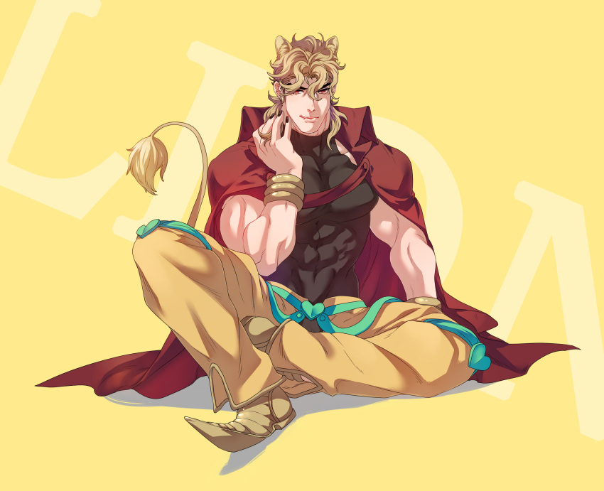 1boy, abs, animal_ears, black_nails, blonde_hair, cape, dio_brando, fang