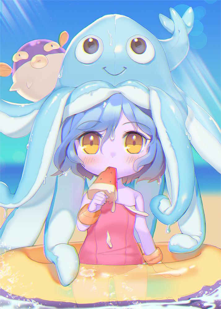 1girl, alternate_costume, alternate_hair_color, alternate_hair_length, alternate_hairstyle, blue_hair, blush, breasts